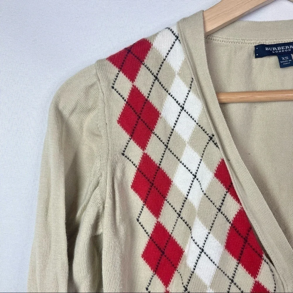 Burberry Light Brown Red & White Argyle Knit Cardigan Sweater XS